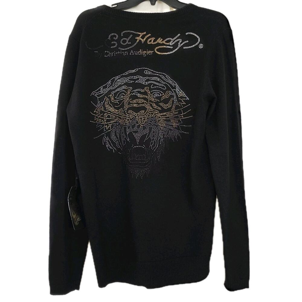 Ed Hardy Black Pullover Sweater Size L wool/nylon Bling Rhinestone Big Logo‎ NWT